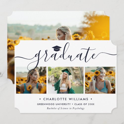 Elegant Blue and White 4 Photo Graduation Announcement