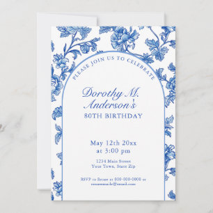 Elegant Blue and White 80th Birthday Party  Invitation