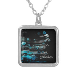 Elegant Blue and white Abstract bubbles Monogram Silver Plated Necklace