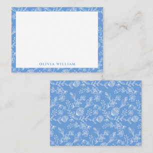 Elegant Blue And White Boho Floral Border Name Note Card