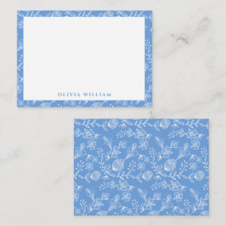 Elegant Blue And White Boho Floral Border Name Note Card