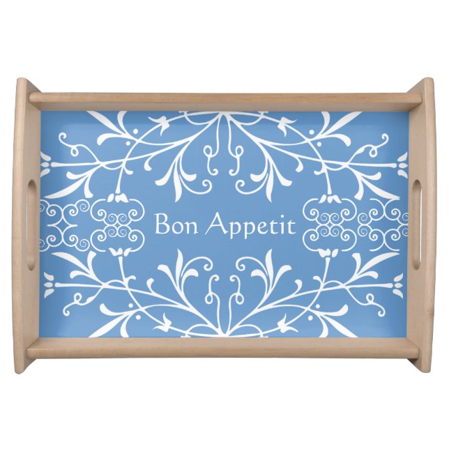 Elegant Blue and White Bon Appetit Swirls Serving Tray (Front)