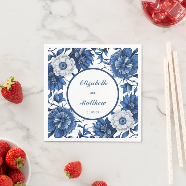 Elegant blue and white Chinoiserie antique Wedding Napkins (Insitu)