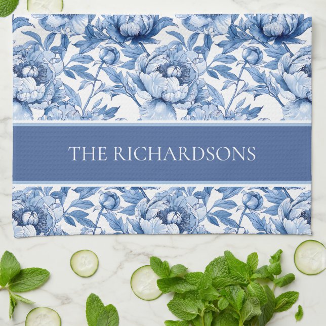 Elegant Blue and White Chinoiserie Floral Pattern Kitchen Towel (Folded)