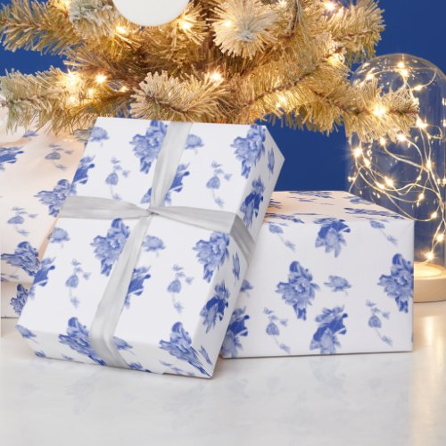 Elegant Blue and White Chinoiserie Floral Pattern  Wrapping Paper