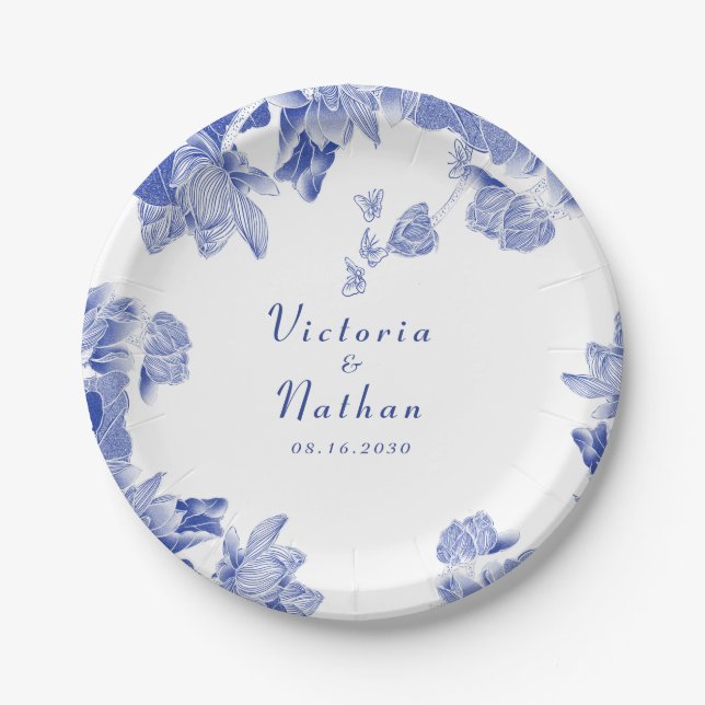 Elegant Blue and White Chinoiserie Floral Wedding Paper Plates (Front)