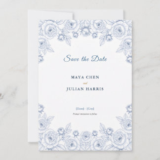 Elegant Blue and White Chinoiserie Floral Wedding  Save The Date