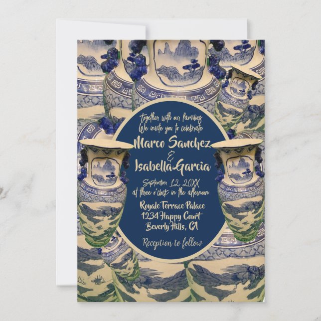 Elegant blue and white chinoiserie style wedding invitation (Front)