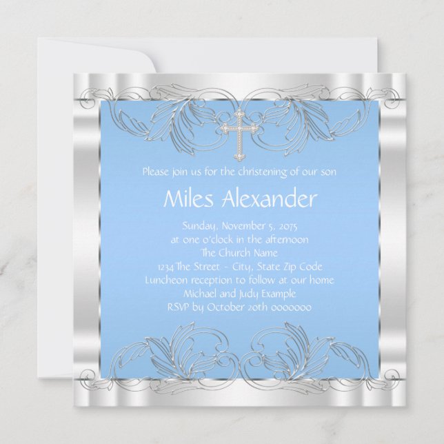 Elegant Blue and White Christening Invitation (Front)