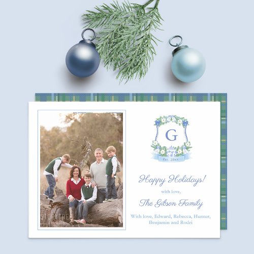 Elegant Blue And White Christmas Crest Picture Holiday Card