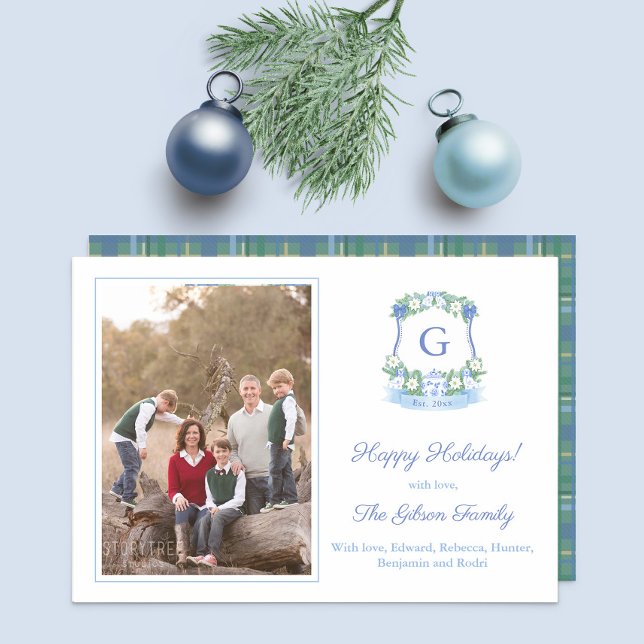 Elegant Blue And White Christmas Monogram Photo Holiday Card (Family Photo Card: Crest with hand painted blue green and white elements and space for a monogram)