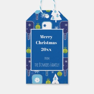Elegant blue and white Christmas pickleball Gift Tags