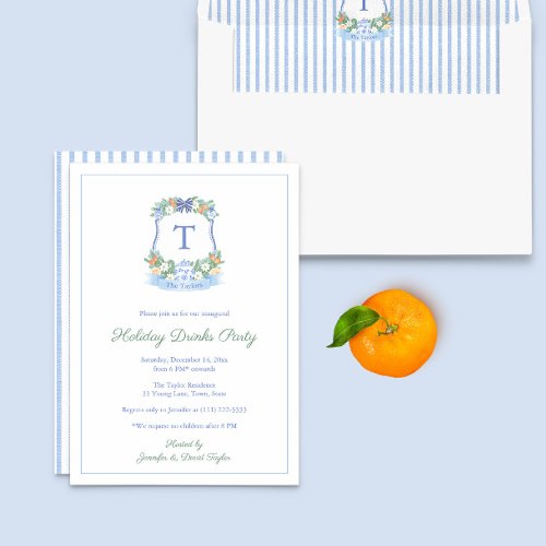 Elegant Blue And White Citrus Crest Holidays Party Invitation