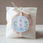 Elegant Blue And White Coastal Monogram Wedding Classic Round Sticker<br><div class="desc">Add a personalized touch to your wedding favors with our coastal-themed wedding favor stickers, featuring a hand-painted watercolor monogram crest. Perfect for nautical-themed weddings, these elegant and stylish stickers make your party favors memorable, leaving a lasting impression on your guests. This classic sticker design could be used for so many...</div>