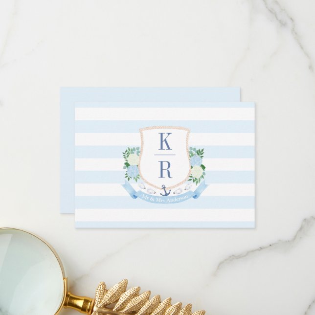 Elegant Blue And White Coastal Monogram Wedding Thank You Card (Front/Back In Situ)