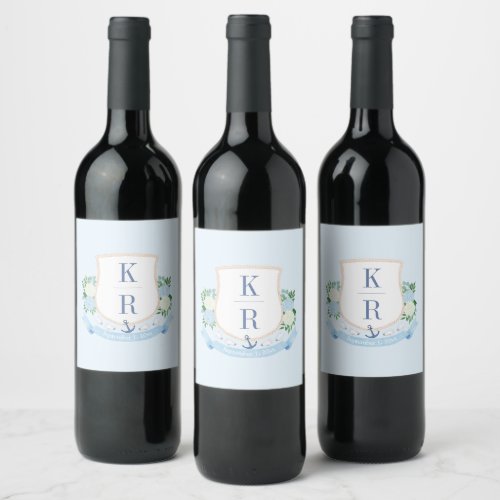 Elegant Blue And White Coastal Wedding Monogram Wine Label