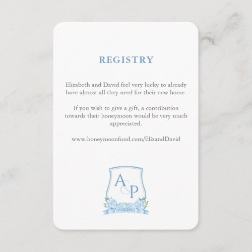 Elegant Blue And White Crest Wedding Registry Enclosure Card