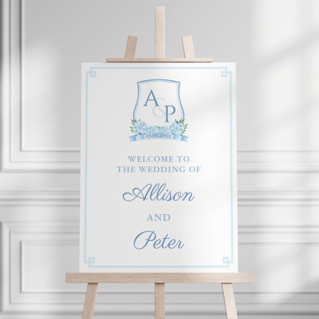 Elegant Blue And White Crest Wedding Welcome Sign (Watercolor Blue Hydrangea wedding crest with dusty blue frame wedding welcome sign)