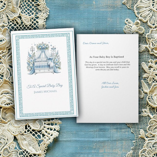 Elegant Blue and White Crib Baby Boy Baptism Card (Creator Uploaded)