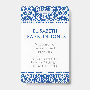 Elegant Blue and White Damask Family Reunion Badge