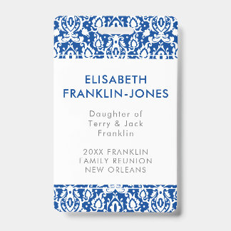 Elegant Blue and White Damask Family Reunion Badge