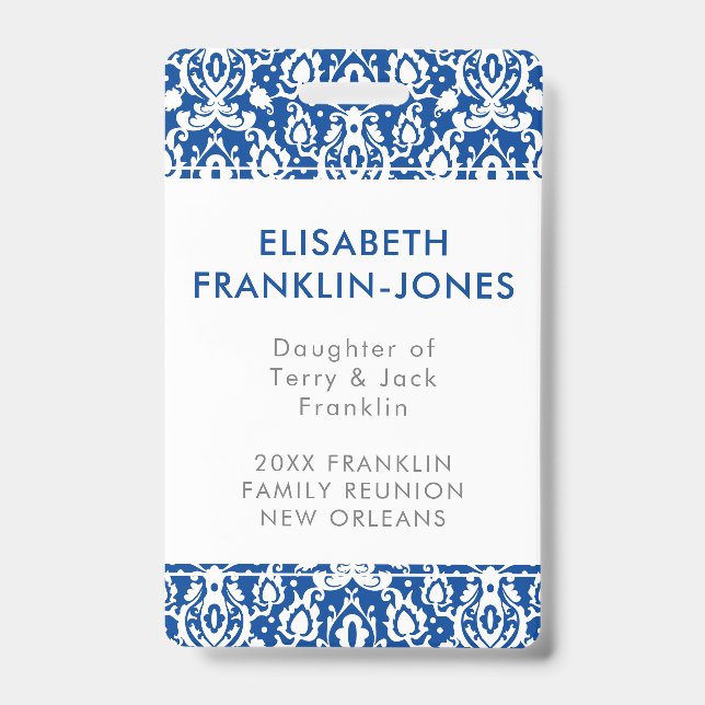 Elegant Blue and White Damask Family Reunion Badge (Front)
