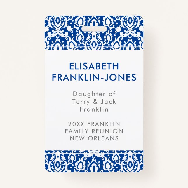 Elegant Blue and White Damask Family Reunion Badge (Front)