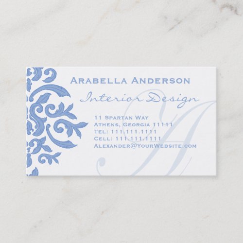 Elegant Blue and White Damask Letter A Business Card Templates