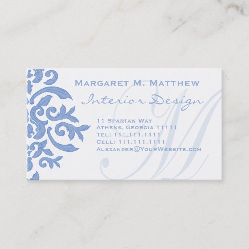 Elegant Blue and White Damask Letter M Business Cards