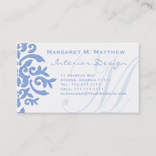 Customizable Elegant Blue and White Damask Letter M Business Cards