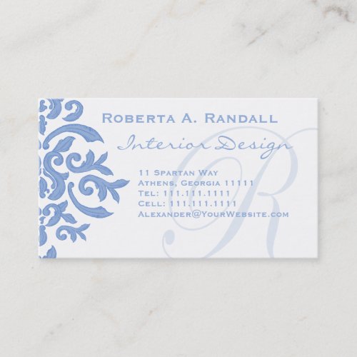 Elegant Blue and White Damask Letter R Business Card Templates