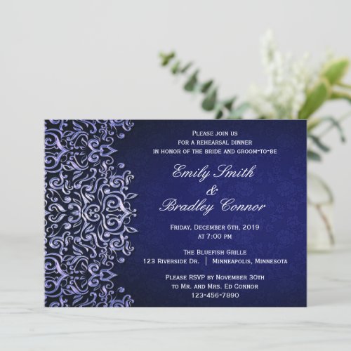 Elegant Blue and White Damask Rehearsal Dinner Invitation