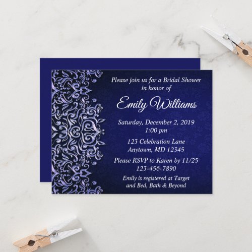 Elegant Blue and White Damask Winter Bridal Shower Invitation