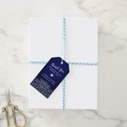 Elegant Blue and White Damask  Winter Wedding Gift Tags