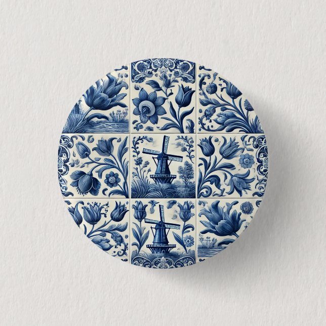 Elegant Blue and White Delft Tile Button (Front)
