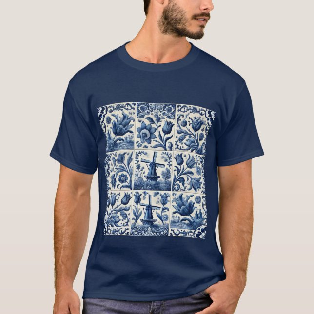 Elegant Blue and White Delft Tile T-Shirt (Front)