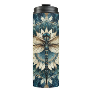 Elegant Blue and White Dragonfly Mandala  Thermal Tumbler