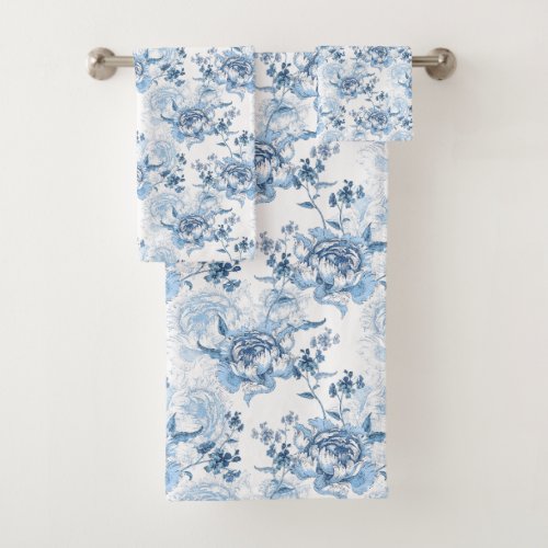 Elegant Blue and White Engraved Peonies Bath Towel Set