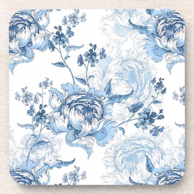 Elegant Blue and White Engraved Peonies Beverage Coaster (Front)
