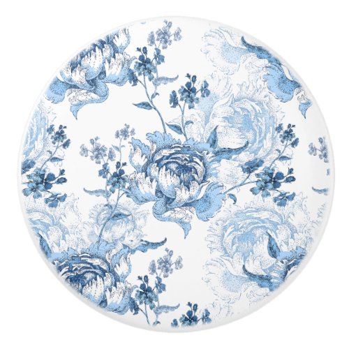 Elegant Blue and White Engraved Peonies Ceramic Knob