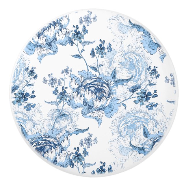 Elegant Blue and White Engraved Peonies Ceramic Knob (Front)