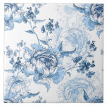 Elegant Blue and White Engraved Peonies Ceramic Tile