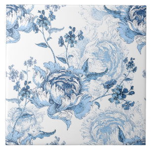 Elegant Blue and White Engraved Peonies Ceramic Tile