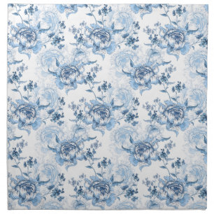Elegant Blue and White Engraved Peonies Cloth Napkin
