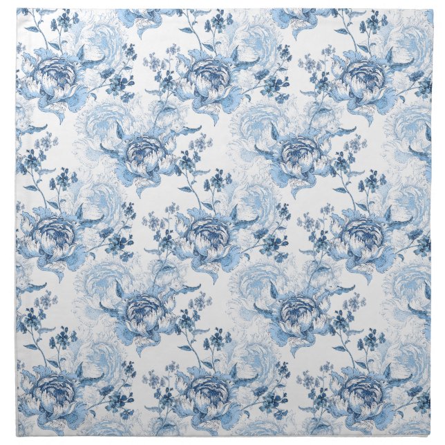 Elegant Blue and White Engraved Peonies Cloth Napkin (Front)