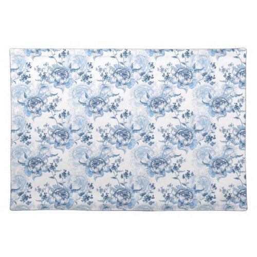 Elegant Blue and White Engraved Peonies Cloth Placemat