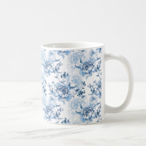 Elegant Blue and White Engraved Peonies Coffee Mug