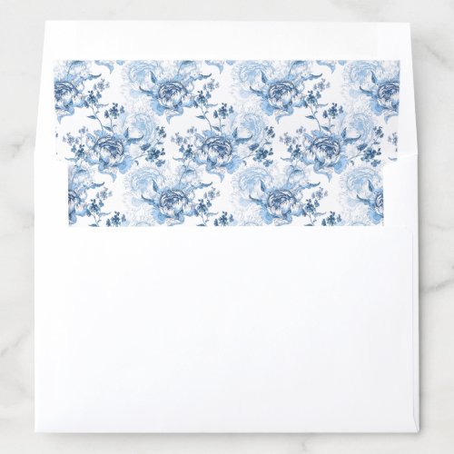 Elegant Blue and White Engraved Peonies Envelope Liner