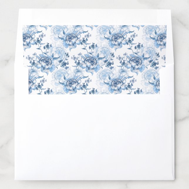 Elegant Blue and White Engraved Peonies Envelope Liner (In Envelope)