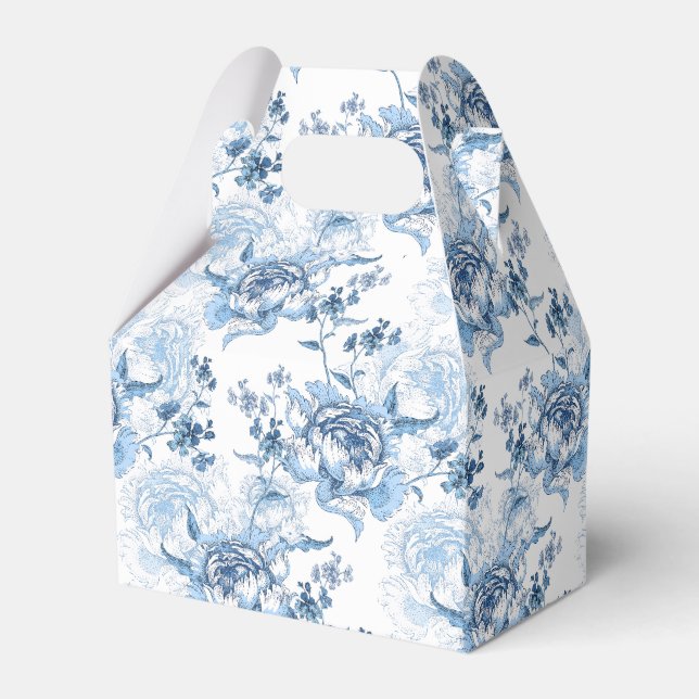 Elegant Blue and White Engraved Peonies Favor Boxes (Front Side)
